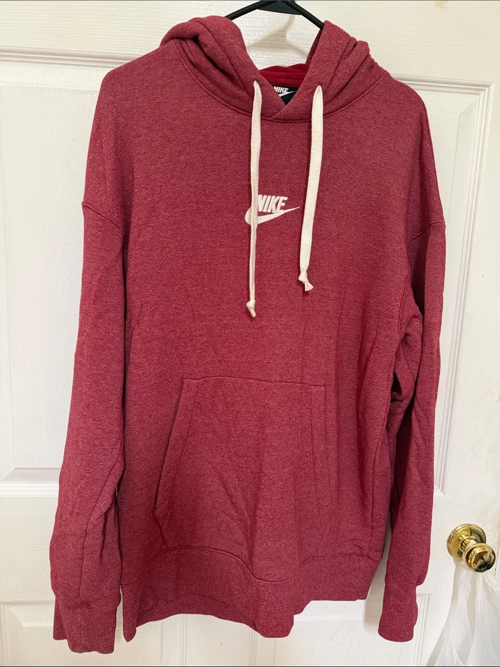 Nike Men's Burgundy Crewneck Hoodie with White Drawstrings and Logo